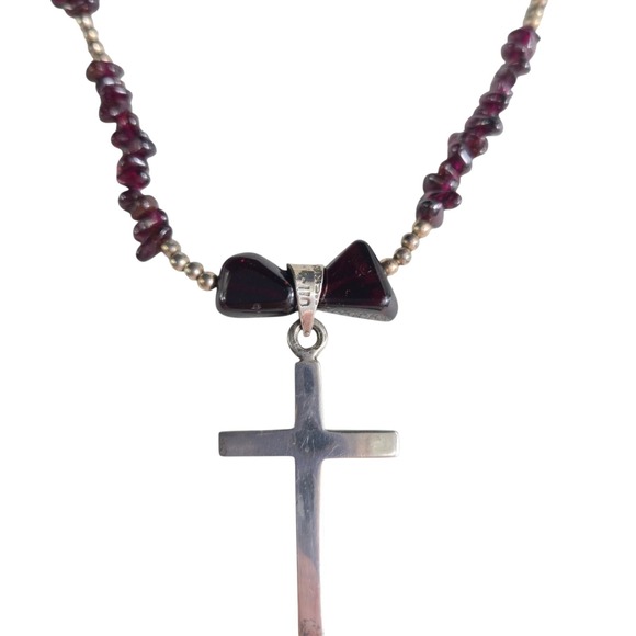 Taxco Jewelry - Taxco 925 Rhodolite Garnet Bead Necklace Sterling Cross Pendant Vtg Religious